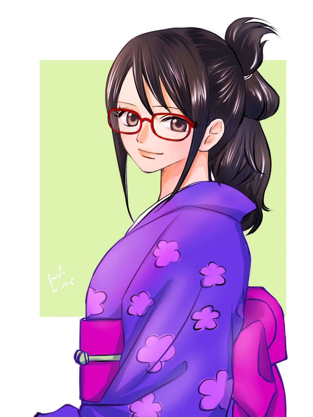 1girl black_hair brown_eyes glasses hair_up highres japanese_clothes kairu_kz kimono long_hair looking_at_viewer one_piece ponytail purple_kimono red-framed_eyewear signature solo tashigi upper_body