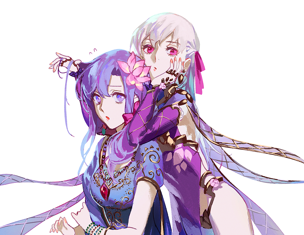 2girls daeraeband fate/grand_order fate_(series) indian_clothes kama_(fate) kama_(second_ascension)_(fate) looking_at_viewer multiple_girls parvati_(fate) pink_eyes purple_eyes purple_hair revealing_clothes white_hair