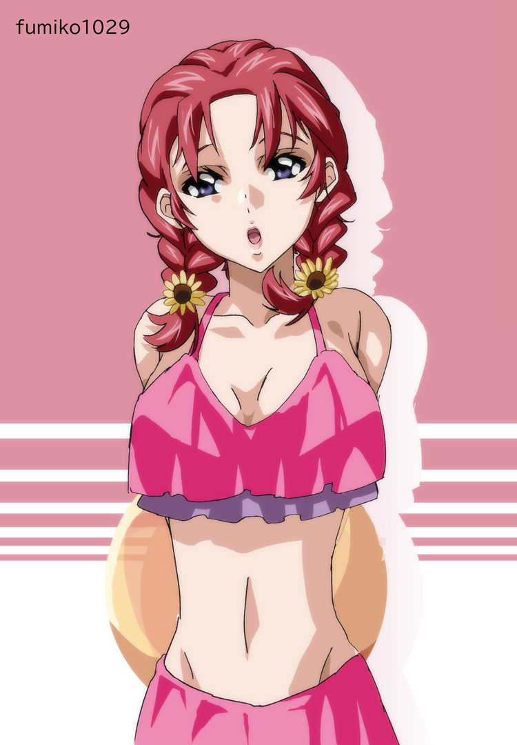 1girl alternate_hairstyle ball beachball bikini braid breasts flower frilled_bikini frills fumiko_(mesushi) gundam gundam_seed gundam_seed_freedom hair_flower hair_ornament holding holding_ball holding_beachball long_hair looking_at_viewer meyrin_hawke open_mouth pink_bikini purple_eyes red_hair solo swimsuit twin_braids