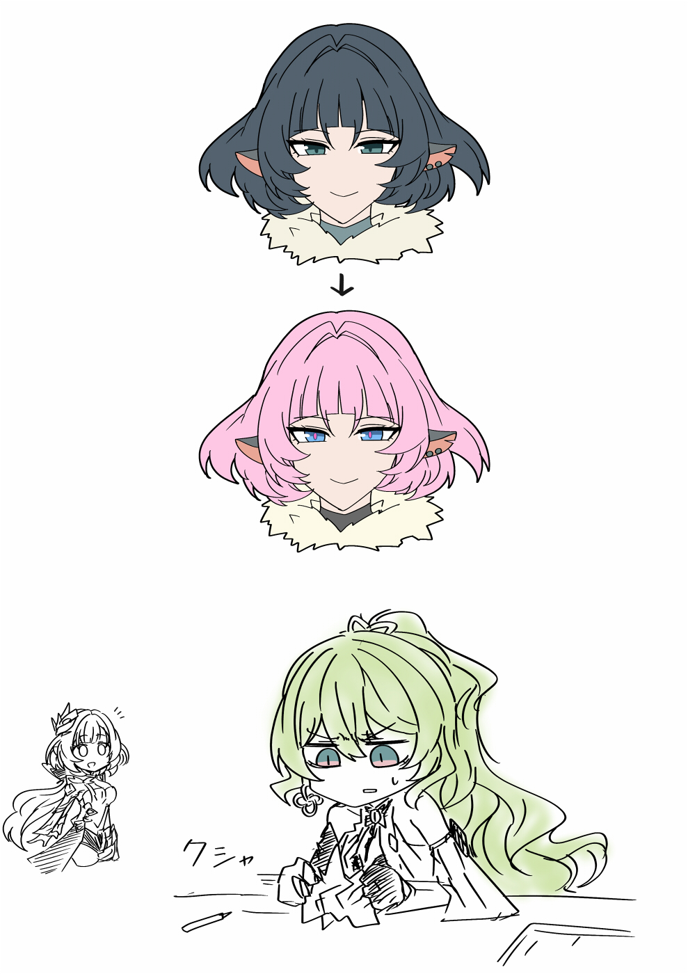 3girls animal_ears arrow_(symbol) black_hair corset cosplay earrings elf elysia_(honkai_impact) elysia_(miss_pink_elf)_(honkai_impact) green_eyes highres honkai_(series) honkai_impact_3rd jane_doe_(zenless_zone_zero) jane_doe_(zenless_zone_zero)_(cosplay) jewelry long_hair mihoyo mobius_(honkai_impact) mouse_ears mouse_girl multiple_girls nabeiro_kin paper pen pink_hair pointy_ears shorts simple_background smile white_background zenless_zone_zero