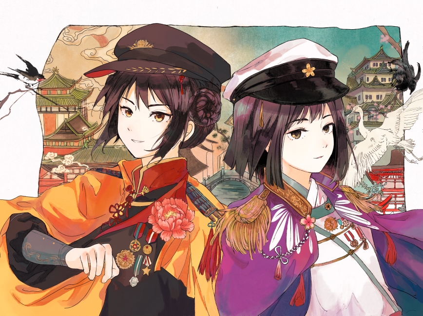 2girls axis_powers_hetalia bird china china_(female)_(hetalia) crane_(animal) hair_bun japan japan_(female)_(hetalia) looking_at_viewer multiple_girls short_hair smile user_munm3887