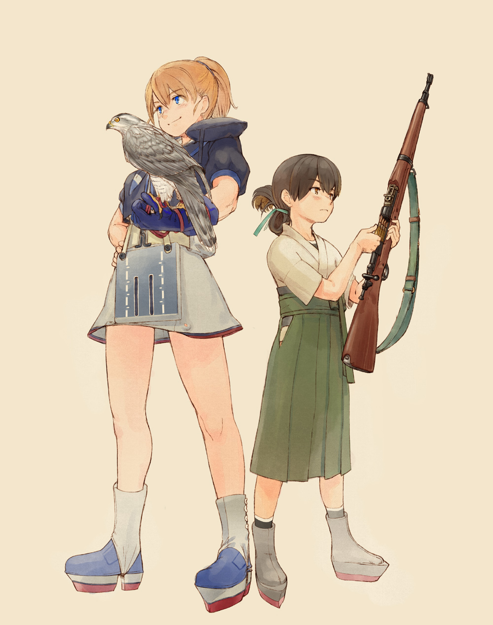 2girls accessories_switch bird bird_request blonde_hair blue_eyes blush bolt_action breasts brown_hair closed_mouth flight_deck folded_ponytail full_body green_hakama gun hakama hakama_skirt hand_on_own_hip hawk highres holding holding_gun holding_weapon intrepid_(kancolle) japanese_clothes kantai_collection kasuga_maru_(kancolle) m1903_springfield multiple_girls neck_pillow nogiguchi_kohiro ponytail rifle shirt short_sleeves simple_background skirt smile standing taiyou_(kancolle) weapon yellow_background