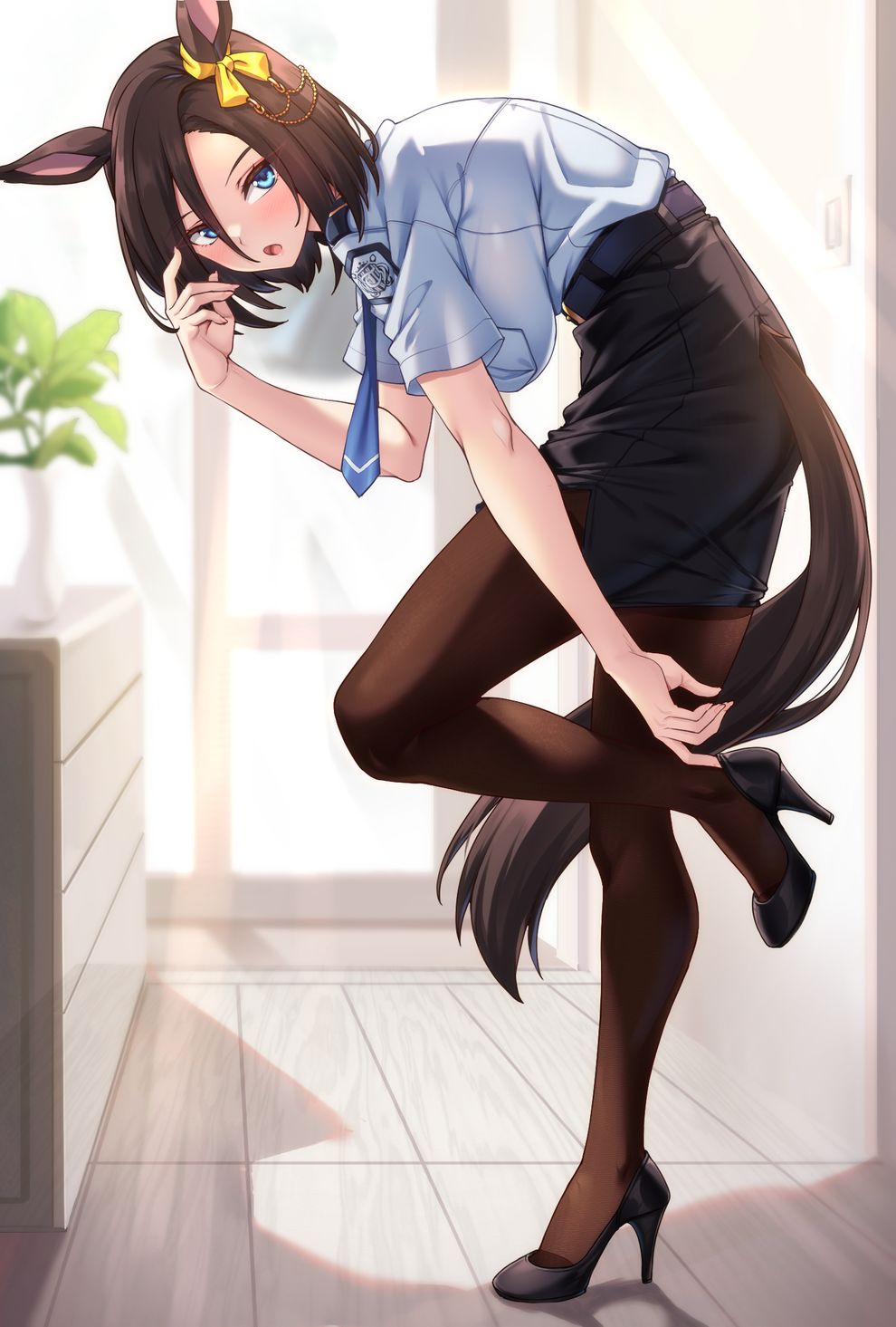 1girl adjusting_footwear air_groove_(umamusume) animal_ears belt black_belt black_pantyhose black_shoes black_skirt blue_eyes blue_necktie blue_shirt bow breasts brown_hair ear_bow full_body high_heels highres horse_ears horse_girl horse_tail indoors large_breasts leaning_forward looking_at_viewer miniskirt necktie open_mouth pantyhose police police_uniform policewoman shirokuma_a shirt shirt_tucked_in shoes short_hair short_sleeves side_slit skirt solo standing standing_on_one_leg tail umamusume yellow_bow