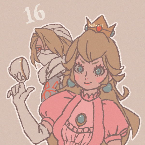 2girls bandages bellhenge blonde_hair blue_eyes crown cup dress earrings gloves hat holding holding_cup jewelry long_hair looking_at_viewer mario_(series) mask multiple_girls nintendo pointy_ears princess_peach red_eyes reverse_trap sheik smile sphere_earrings super_smash_bros. the_legend_of_zelda