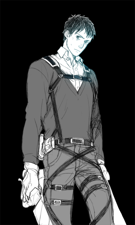 1boy bertolt_hoover black_background chest_belt collared_shirt feet_out_of_frame frown greyscale head_tilt leg_belt looking_at_viewer male_focus monochrome official_alternate_costume prema-ja shingeki_no_kyojin shirt short_hair sketch solo spoilers standing three-dimensional_maneuver_gear