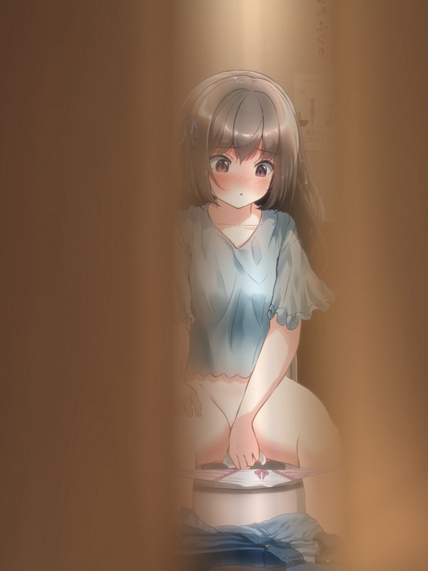 1girl blush bow bow_panties brown_hair clothes_pull denim female_focus jeans long_hair original panties pants pants_pull panty_pull solo tachiinu toilet toilet_paper toilet_use underwear voyeur_pov voyeurism wiping wiping_pussy