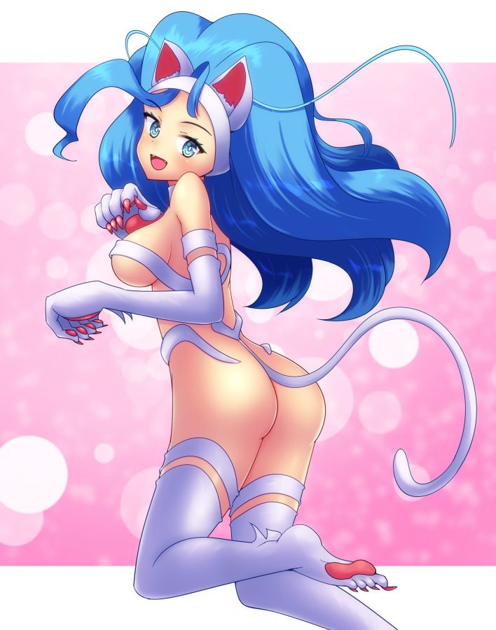 1girl animal_ears animal_hands ass blue_eyes blue_hair breasts cat_ears cat_tail darkstalkers felicia_(darkstalkers) from_behind kasabou long_hair looking_back medium_breasts solo tail very_long_hair white_fur