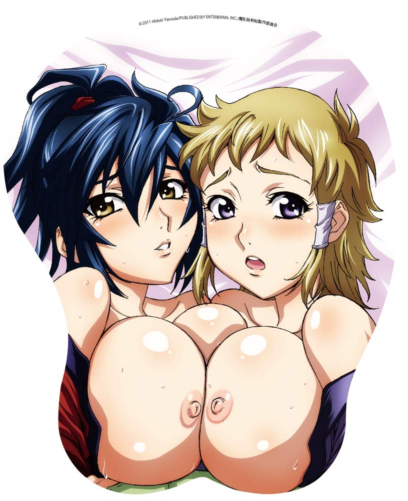 2girls bare_shoulders blonde_hair blue_eyes blue_hair blush breast_focus breast_press breasts female_focus hair_tie kaede_(manyuu_hikenchou) large_breasts looking_at_viewer manyuu_chifusa manyuu_hikenchou mousepad_(medium) multiple_girls nipples oppai_mousepad short_hair sweat symmetrical_docking tagme yellow_eyes yuri