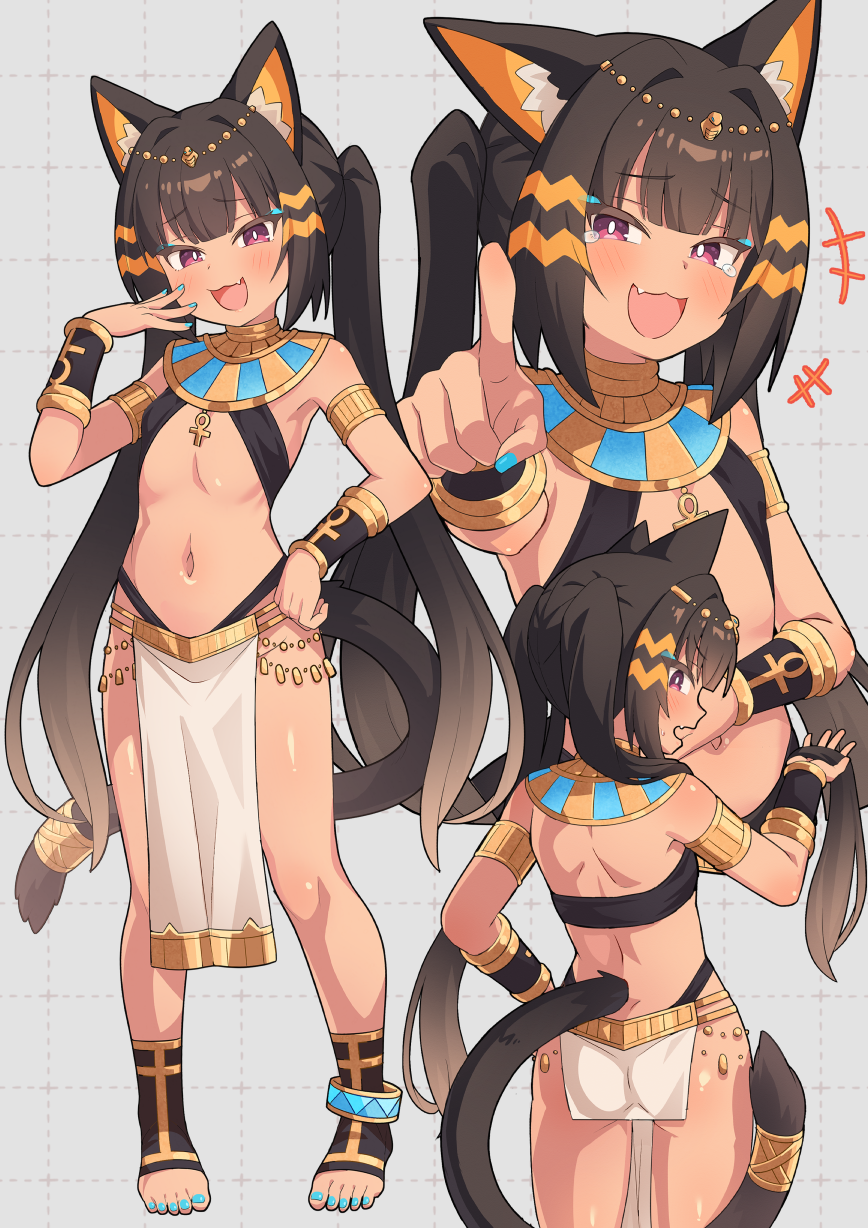 1girl ancient_egyptian_clothes animal_ear_fluff animal_ears anklet armlet ass blush bracelet brown_hair cat_ears cat_girl cat_tail crying crying_with_eyes_open eyebrows_hidden_by_hair flat_chest from_behind full_body grey_background highres jewelry laughing long_hair looking_at_viewer looking_back mesugaki multiple_views nail_polish navel open_mouth original pelvic_curtain pointing pointing_at_viewer purple_eyes smile stomach tail tan tears toeless_socks twintails ug_(nekonekodou) usekh_collar very_long_hair