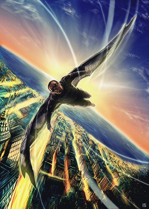 1boy animification bad_id bad_pixiv_id captain_america:_the_winter_soldier captain_america_(series) captain_america_the_winter_soldier city_below dark-skinned_male dark_skin flying goggles iduhara_jugo male_focus marvel marvel_cinematic_universe mechanical_wings sam_wilson sky solo the_falcon wings