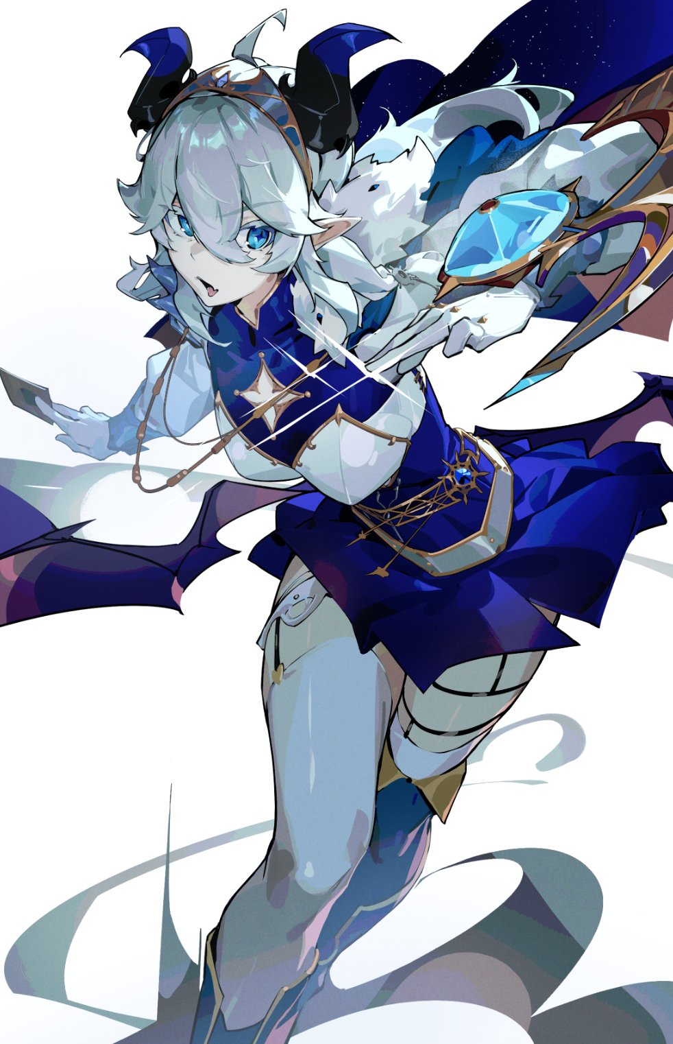 +_+ 1girl asymmetrical_legwear black_horns blue_dress blue_eyes card dress duel_disk fur_trim gloves hair_between_eyes highres holding holding_card horns indie_virtual_youtuber kuno_(runkunochan) long_hair nova_aokami pointy_ears solo tiara uneven_legwear virtual_youtuber white_hair