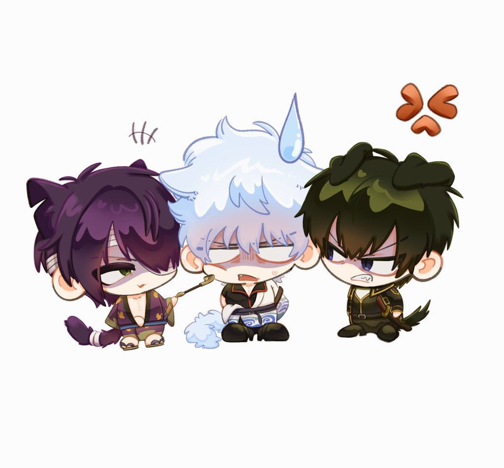 3boys anger_vein angry animal_ears annoyed bandage_over_one_eye bandaged_head bandages black_boots black_jacket blue_eyes boots cat_boy cat_ears cat_tail chibi chibi_only commentary dog_boy dog_ears dog_tail gintama green_eyes hadanugi_dousa hair_over_one_eye hijikata_toushirou holding holding_smoking_pipe jacket japanese_clothes kemonomimi_mode kgymkou1205 kimono kiseru long_sleeves male_focus messy_hair multiple_boys open_clothes open_kimono open_mouth open_shirt purple_hair purple_kimono sakata_gintoki sandals short_hair smoking_pipe sweatdrop tail takasugi_shinsuke white_background white_hair