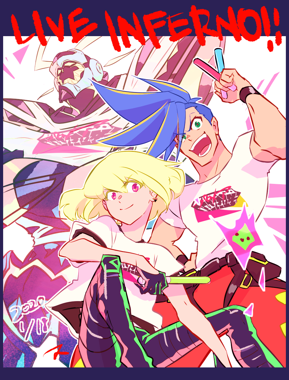 2020 2boys androgynous black_gloves blonde_hair blue_hair clothes_writing galo_thymos gloves green_eyes half_gloves hashtag-only_commentary highres holding_lightstick lightstick lio_de_galon lio_fotia matahei mecha mohawk multiple_boys open_mouth pink_eyes promare robot sharp_teeth shirt short_sleeves signature teeth white_shirt