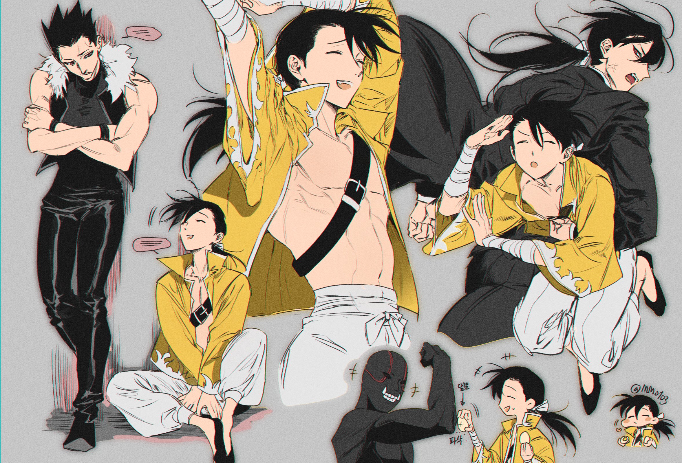 2boys abs arms_up bandaged_arm bandages biceps black_footwear black_hair black_jacket black_pants black_shirt black_vest buckle closed_eyes full_body fullmetal_alchemist fur-trimmed_vest fur_trim greed_(fma) highres jacket ling_yao long_hair m_m_pb male_focus multiple_boys navel open_clothes open_jacket open_mouth pants pectorals ponytail shirt spiked_hair toned toned_male vest white_pants yellow_jacket
