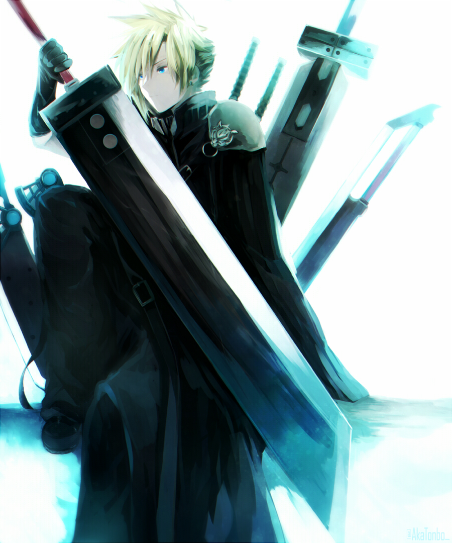 1990s_(style) 1boy aka_tonbo_(lililil) blonde_hair blue_eyes cloud_strife final_fantasy final_fantasy_vii huge_weapon male_focus sitting solo sword weapon