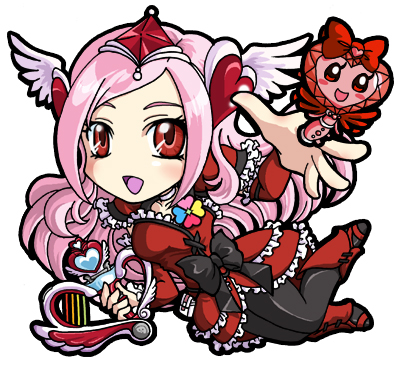 00s akarun black_legwear chibi choker cure_passion dress fresh_precure! frills head_wings heart higashi_setsuna long_hair lowres mikonon pantyhose passion_harp pink_hair precure red_eyes shoes smile tiara weapon white_background wings