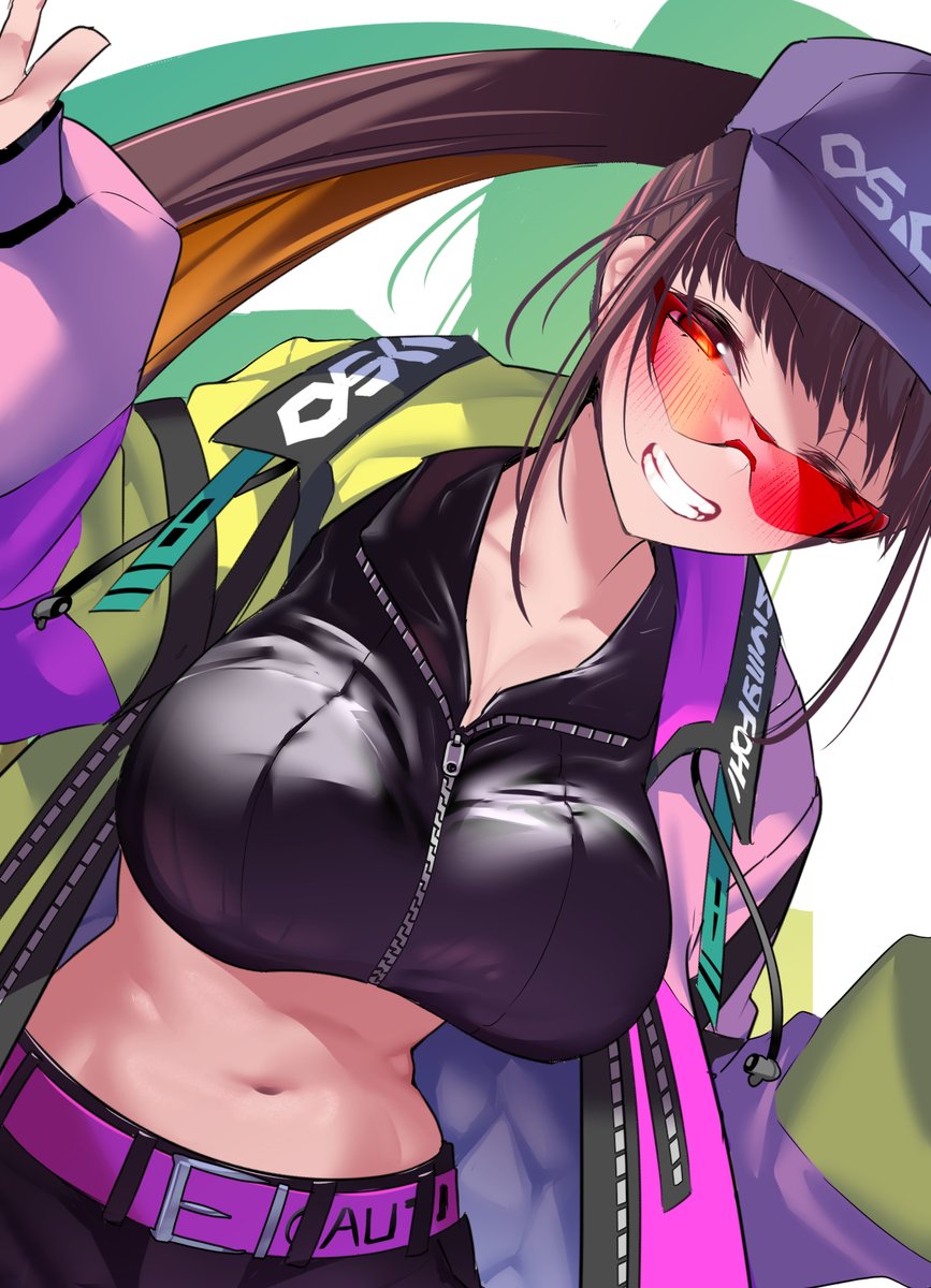 1girl belt breasts brown_hair fate/grand_order fate_(series) goggles grin highres jacket large_breasts long_hair long_sleeves looking_at_viewer midriff navel osakabehime_(fate) ponytail purple_eyes smile solo yakuoyoso