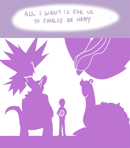 1boy cocowoushi english_text game_freak gen_1_pokemon helix_fossil lapras legendary_pokemon male_focus monochrome nidoking nintendo pidgeot pokemon pokemon_(creature) purple_theme red_(pokemon) silhouette twitch_plays_pokemon zapdos