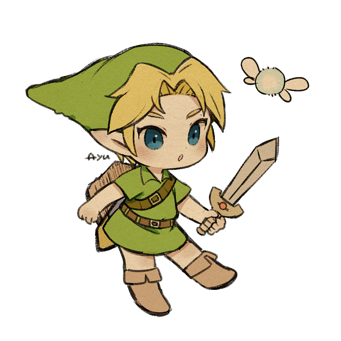 1boy ayu_(mog) belt blue_eyes brown_belt deku_shield fairy green_headwear green_tunic holding holding_sword holding_weapon link male_focus navel nintendo pointy_ears shield shield_on_back simple_background sword the_legend_of_zelda the_legend_of_zelda:_ocarina_of_time tunic weapon white_background wooden_shield young_link