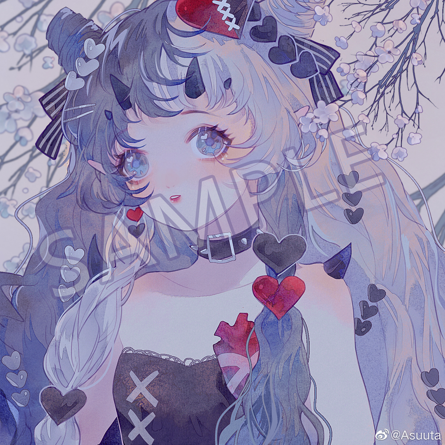 1girl asuuta bare_shoulders belt_buckle belt_collar black_bow black_collar black_dress black_hair black_horns bow branch buckle chinese_commentary collar commentary_request cone_hair_bun demon_horns double_bun dress eyelashes eyeshadow flower grey_background grey_eyes hair_bow hair_bun hair_ornament happy heart heart_(organ) heart_hair_ornament heart_in_eye highres horns lace lace-trimmed_dress lace_trim light_blush light_smile lipstick long_hair long_sidelocks makeup multicolored_hair multiple_horns original pink_eyeshadow pointy_ears red_lips sample_watermark shoulder_spikes sidelocks small_horns solo spiked_belt spikes strapless strapless_dress striped_bow symbol_in_eye tareme teeth two-tone_hair upper_body very_long_hair watermark wavy_hair weibo_watermark white_flower white_hair