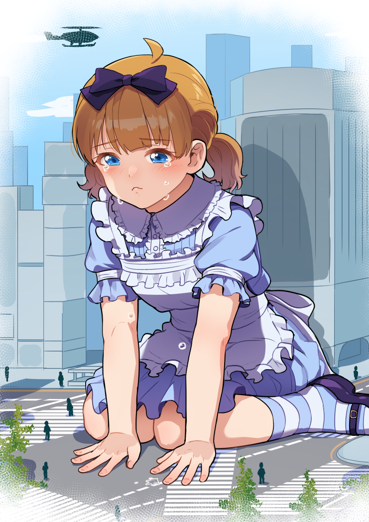 1girl aircraft apron arm_support blue_bow blue_dress blue_eyes blue_footwear blue_legwear blue_sky bow brown_hair building collared_dress commentary crying day dress giant giantess hair_bow half-closed_eyes helicopter idolmaster idolmaster_million_live! intersection kamille_(vcx68) leaning_forward light_blush low_twintails maid_apron mary_janes medium_dress multiple_others outdoors puffy_short_sleeves puffy_sleeves road shoes short_hair short_sleeves short_twintails sitting sky socks solo_focus striped_clothes striped_socks suou_momoko tears twintails wariza white_apron