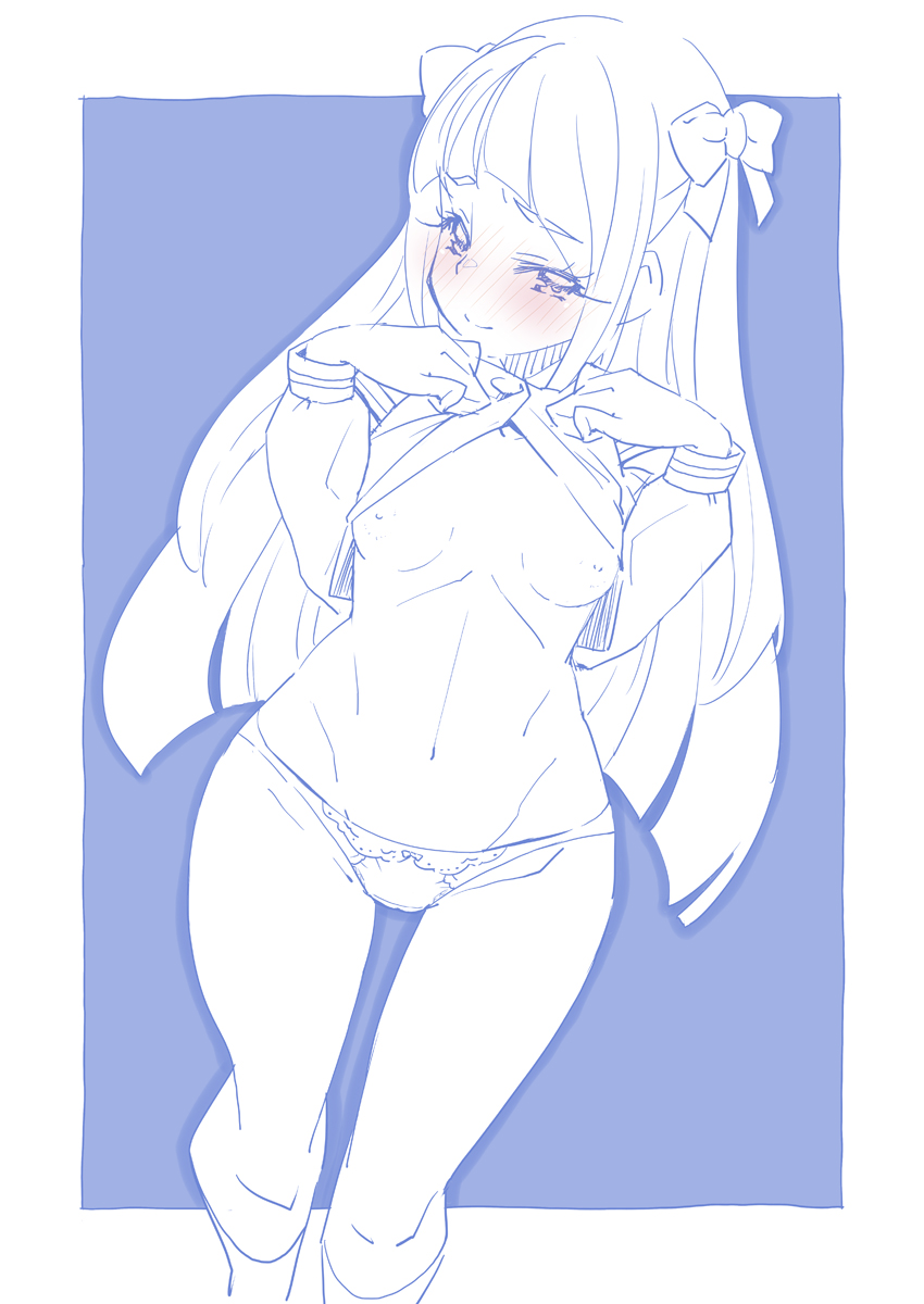 1girl blouse blue_theme blush bow bow_panties breasts closed_mouth clothes_lift commentary crotch_seam hair_bow half-closed_eyes highres kaguya_madoka kneehighs lifting_own_clothes long_hair long_sleeves looking_at_viewer mihoshi_middle_school_uniform miyagoe_yoshitsuki monochrome navel nipples panties precure school_uniform shirt shirt_lift small_breasts smile socks solo standing star_twinkle_precure underwear