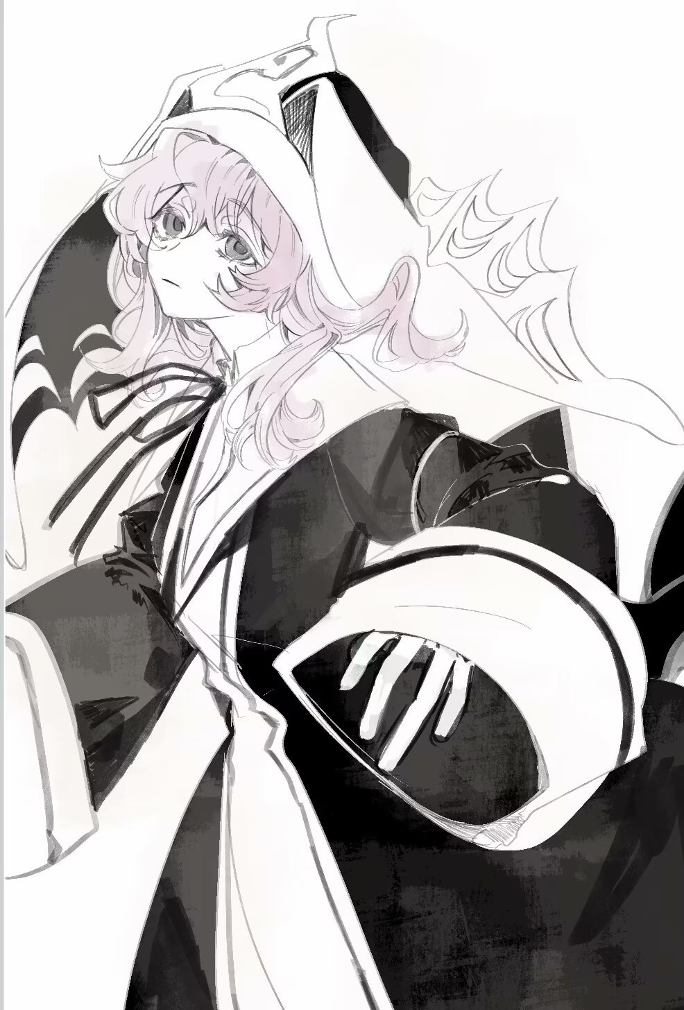 1girl closed_mouth cowboy_shot dress expressionless greyscale highres koumajou_densetsu long_hair long_sleeves monochrome neck_ribbon pink_hair puritan_collar ribbon saigyouji_yuyuko simple_background sleeves_past_wrists solo spot_color touhou veil white_background wide_sleeves xian_qishui