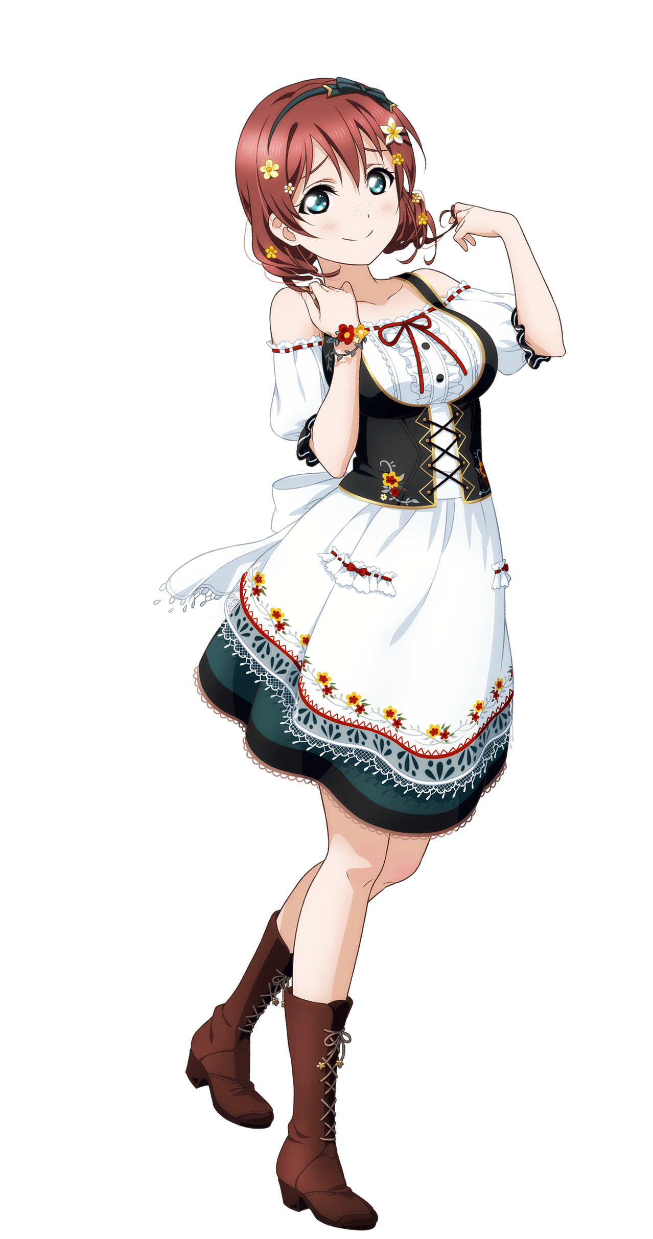 1girl absurdres bare_shoulders black_bow black_hairband blue_eyes blush boots bow bow_hairband breasts brown_boots brown_hair closed_mouth collarbone dirndl dress emma_verde evergreen_(love_live!) framed_breasts freckles full_body german_clothes hairband hands_up highres lace-up_boots large_breasts looking_at_viewer love_live! love_live!_nijigasaki_high_school_idol_club love_live!_school_idol_festival_all_stars medium_dress medium_hair off-shoulder_dress off_shoulder official_alternate_costume official_art puffy_short_sleeves puffy_sleeves red_ribbon ribbon short_sleeves simple_background smile solo split_mouth transparent_background walking