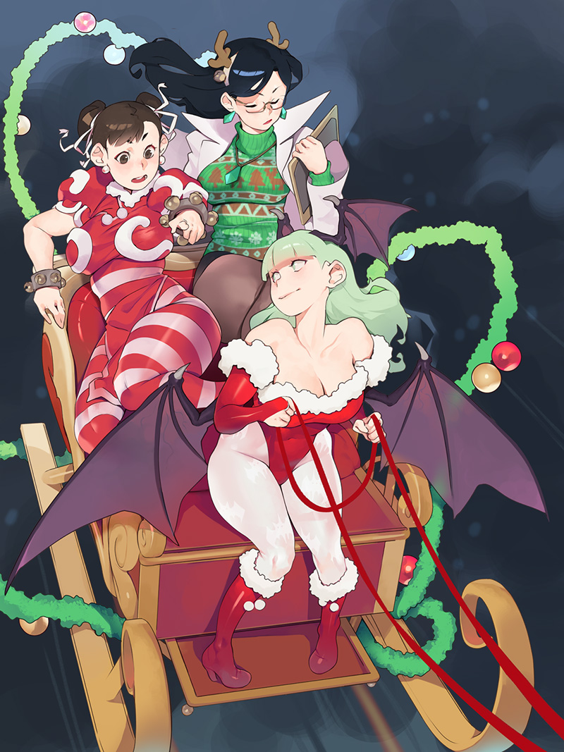 2girls 3girls animal_print antlers bare_shoulders bat_print bat_wings black_hair blush boots bracelet braid breasts brown_eyes brown_hair bun_cover capcom chinese_clothes christmas christmas_ornaments christmas_sweater chun-li cleavage crossover darkstalkers demon_girl double_bun dress fur_trim gift glasses gloves green_eyes green_hair hair_bun hair_ornament head_wings high_heels holding horns jewelry justice_gakuen large_breasts leash leotard long_hair looking_at_viewer looking_back low_wings minazuki_kyouko morrigan_aensland multiple_girls norasuko open_mouth pantyhose red_dress red_footwear reindeer_antlers shoes short_hair sleigh smile spiked_bracelet spikes street_fighter striped_clothes striped_thighhighs sweater thighhighs udon_entertainment wings