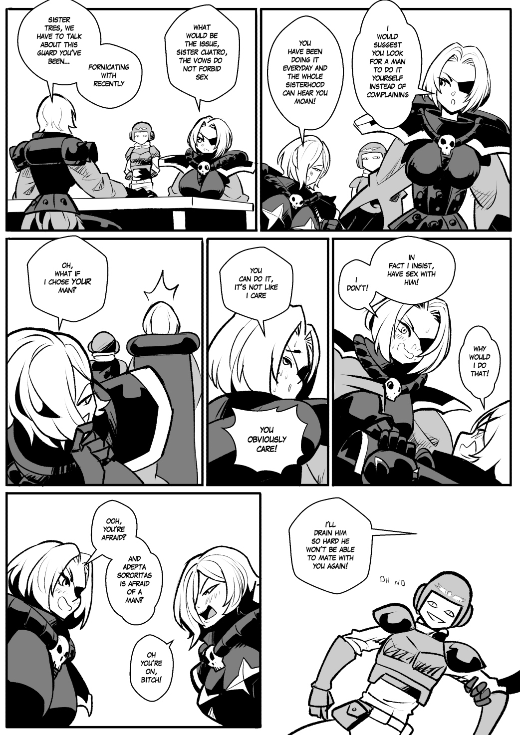 1boy 2girls adepta_sororitas anya&#039;s_heh_face_(meme) armor astra_militarum blush dragging english_text eyepatch helmet highres kukuruyo meme military_uniform multiple_girls power_armor short_hair sitting skull_ornament speech_bubble surprised table warhammer_40k