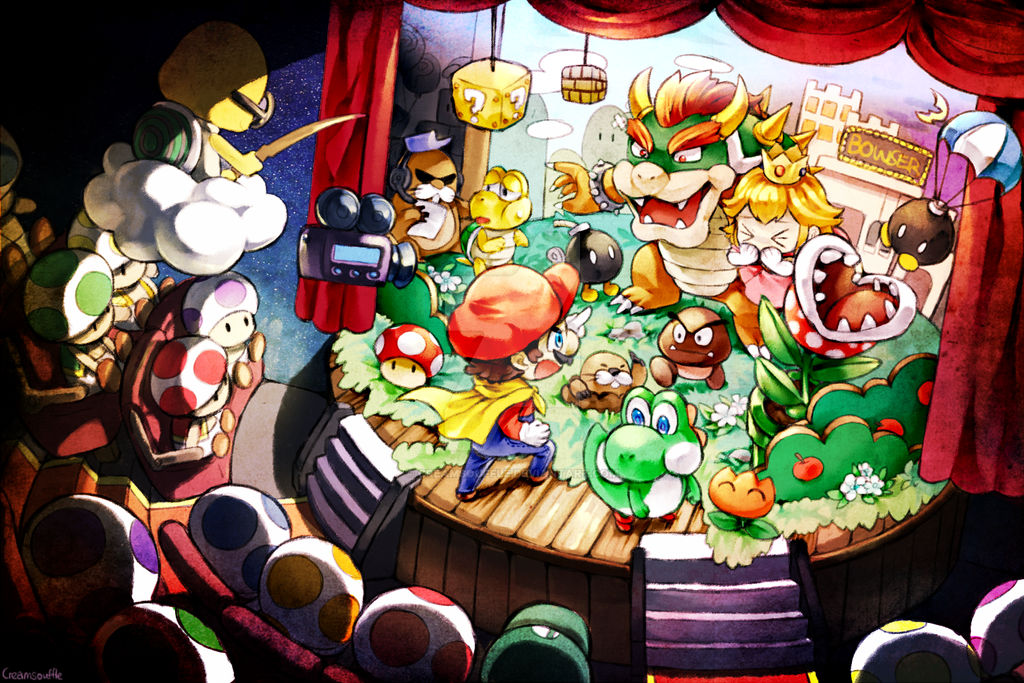 1boy 1girl 6+others ?_block blonde_hair blue_eyes bob-omb bowser brick_block camera cape cape_mario crown curtains facial_hair fire_flower goomba hat koopa_troopa lakitu mario mario_(series) monty_mole multiple_others mustache nintendo parachute pink_hair piranha_plant princess_peach sanaknim stage super_mario_world super_mushroom toad_(mario) yoshi