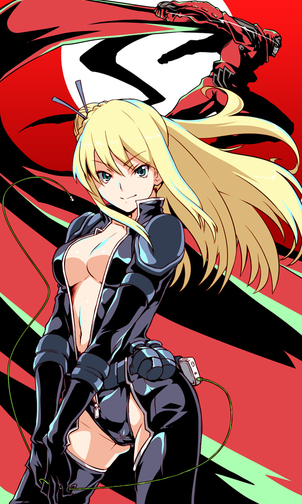10s 1boy 1girl blonde_hair breasts cleavage collarbone contrapposto explosive fujikido_kenji granade green_eyes grenade groin hair_bun large_breasts long_hair looking_at_viewer mask moon nancy_lee navel ninja ninja_slayer open_clothes red_background scarf single_hair_bun standing tabigarasu
