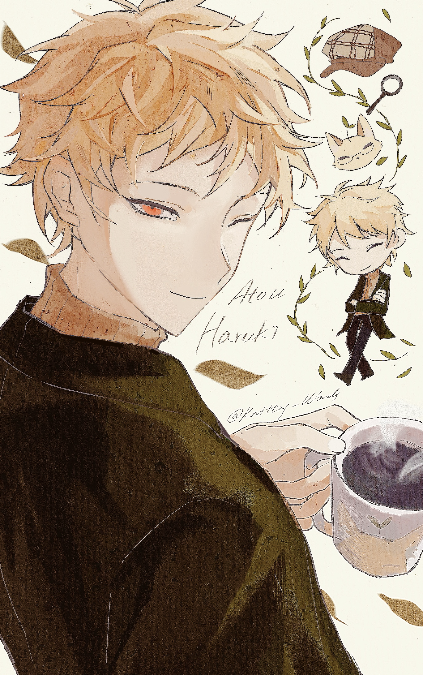 1boy animalization atou_haruki black_jacket black_pants blonde_hair brown_sweater character_name chibi chibi_inset chinese_commentary closed_eyes closed_mouth coffee coffee_mug commentary_request cup fox highres holding holding_cup jacket leaf long_sleeves magnifying_glass male_focus mug one_eye_closed open_clothes open_jacket pants plant red_eyes ribbed_sweater saibou_shinkyoku short_hair smile steam sweater turtleneck turtleneck_sweater upper_body vines white_background zhiyanpianyu55126