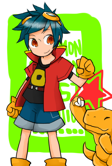 agumon closed_eyes digimon gloves jacket red_eyes shu_(digimon) smile star_(symbol)