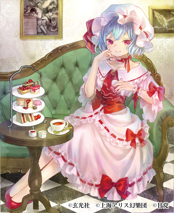 1girl ama-tou ascot bow brooch cake checkered_floor cherry_tomato choker corset couch cup dress embellished_costume female_focus food full_body green_upholstery hat hat_ribbon indoors jewelry macaron mob_cap no_socks painting_(object) pastry pink_dress red_eyes red_shoes remilia_scarlet ribbon ribbon-trimmed_clothes ribbon_choker ribbon_trim sandwich saucer shoes short_sleeves sitting smile solo spoon table teacup tiered_serving_stand tiered_tray tile_floor tiles tomato touhou tufted_upholstery wide_sleeves wrist_cuffs