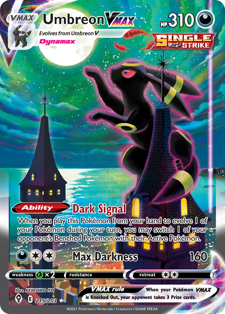 animal animal_focus artist_name blue_eyes building card_(medium) character_name colored_sclera company_name copyright_name copyright_notice dynamax english_text full_moon gen_2_pokemon itou_keiichirou moon night night_sky nintendo no_humans official_art on_roof open_mouth outline oversized_animal pillar_of_light pokemon pokemon_(creature) pokemon_card pokemon_focus pokemon_tcg red_clouds red_outline red_sclera sky solo spire star_(sky) starry_sky third-party_source trading_card umbreon window
