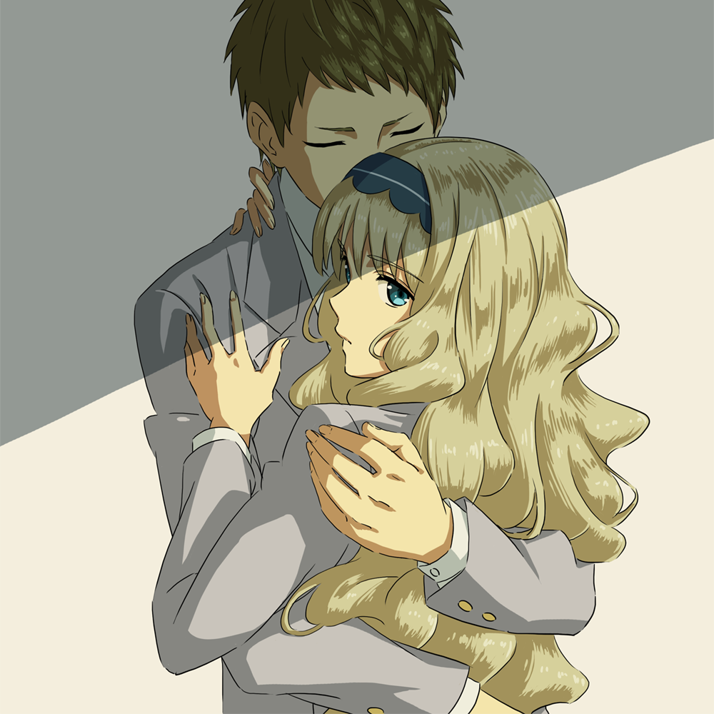 1boy 1girl bad_id bad_pixiv_id blazer blonde_hair blue_eyes brown_hair closed_eyes closed_mouth darling_in_the_franxx hachi_kou headband hug jacket kokoro_(darling_in_the_franxx) long_hair looking_at_viewer mitsuru_(darling_in_the_franxx) shadow short_hair simple_background wavy_hair