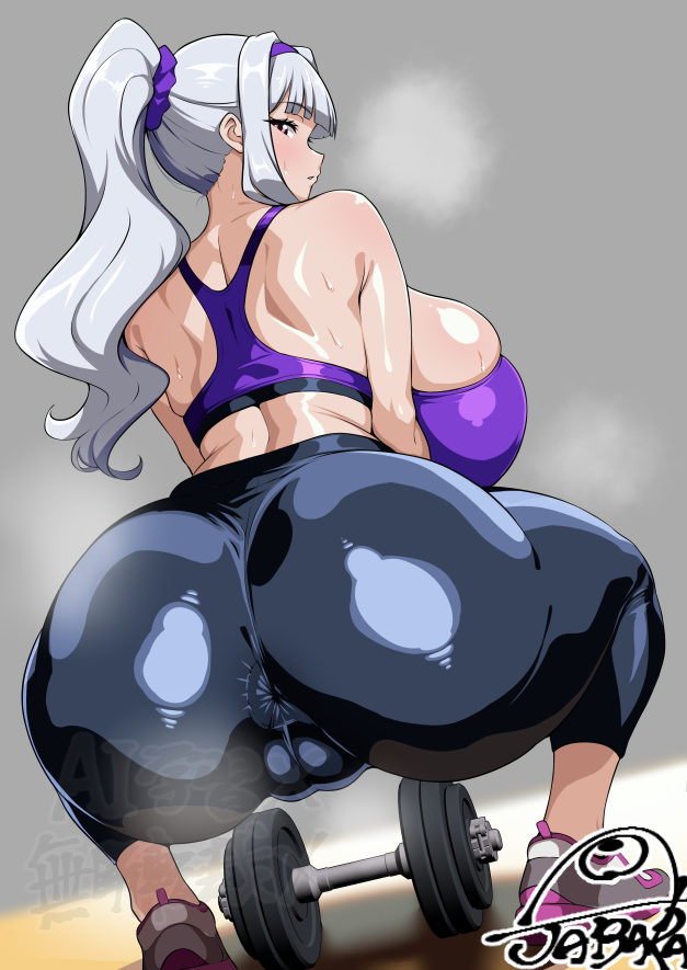 ass back black_pants blunt_bangs breasts cameltoe covered_anus covered_pussy dumbbell grey_background grey_hair hair_ornament hair_scrunchie heavy_breathing huge_ass huge_breasts idolmaster idolmaster_(classic) jabara_tornado looking_at_viewer pants ponytail purple_eyes purple_scrunchie purple_sports_bra scrunchie shijou_takane shoulder_blades sidelocks sports_bra squatting steam sweat taut_clothes taut_pants trefoil watermark