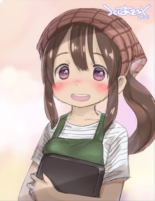 1girl :d apron artist_name blush brown_hair brown_headscarf commentary_request dated green_apron headscarf holding holding_tray kuchibeta_shokudou kuchinashi_hiyono long_hair looking_at_viewer open_mouth ponytail purple_eyes second-party_source shirt short_sleeves sidelocks smile solo striped_clothes striped_shirt sweat t-shirt teeth tenugui tray tsukushi_akihito upper_body upper_teeth_only waitress white_shirt