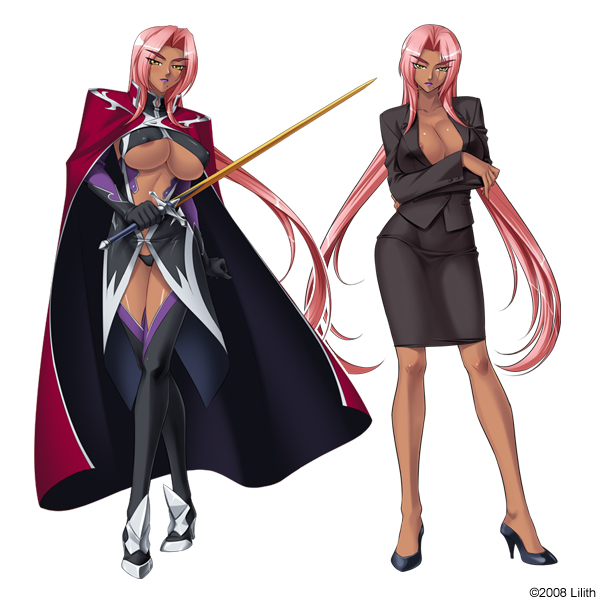 00s 1girl 2008 alternate_costume areola_slip black_panties boots breasts business_suit cape reference_sheet cleavage cleavage_cutout clothing_cutout collarbone copyright_name covered_erect_nipples crossed_arms crossed_legs dark_skin dual_persona elbow_gloves female_focus formal_clothes gloves hair_intakes head_tilt high_heels holding ingrid_(taimanin_asagi) kagami_hirotaka large_breasts legs lipstick long_hair looking_at_viewer makeup mole nipples office_lady panties pink_hair shiny_clothes shiny_skin shoes simple_background standing suit sword taimanin_(series) taimanin_asagi taimanin_murasaki thigh_boots thighhighs thighs thong underboob underwear very_long_hair weapon yellow_eyes
