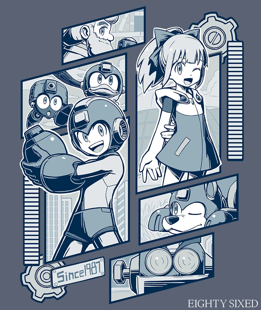 1girl 2boys arm_behind_back arm_cannon beard beat_(mega_man) bird dog eddie_(mega_man) facial_hair gears grey_theme greyscale kuroi_susumu looking_at_viewer mega_man_(classic) mega_man_(series) monochrome multiple_boys one_eye_closed open_mouth profile auto_(mega_man) robot mega_man_(character) roll_(mega_man) rush_(mega_man) smile dr._light_(mega_man) weapon
