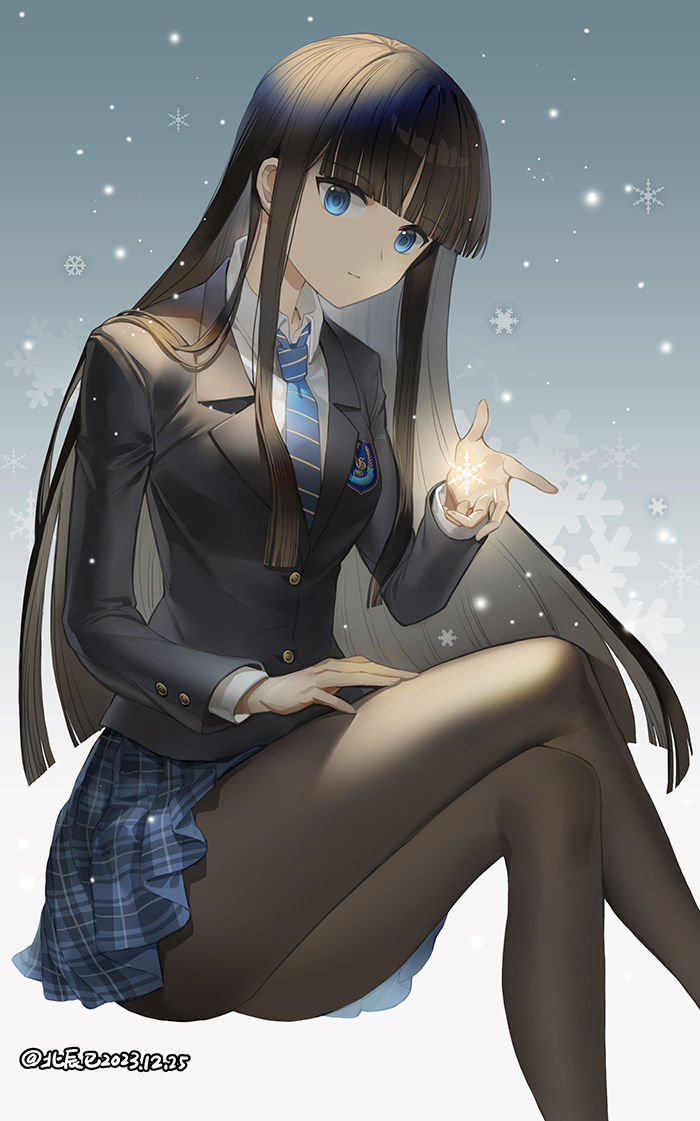 1girl balusah black_hair black_jacket black_pantyhose blue_eyes blue_necktie blue_skirt breasts closed_mouth collared_shirt crossed_legs hair_between_eyes hime_cut houjou_high_school_uniform jacket long_hair looking_at_viewer medium_breasts necktie pantyhose plaid_clothes plaid_skirt school_uniform shirt sitting skirt snowflakes touma_kazusa white_album_(series) white_album_2 white_shirt winter