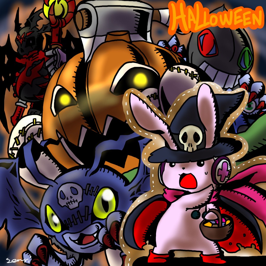 cape cosplay cutemon digimon dracumon green_eyes halloween halloween_costume hat headphones picodevimon pumpmon skull skullsatamon wizarmon wizarmon_(cosplay)