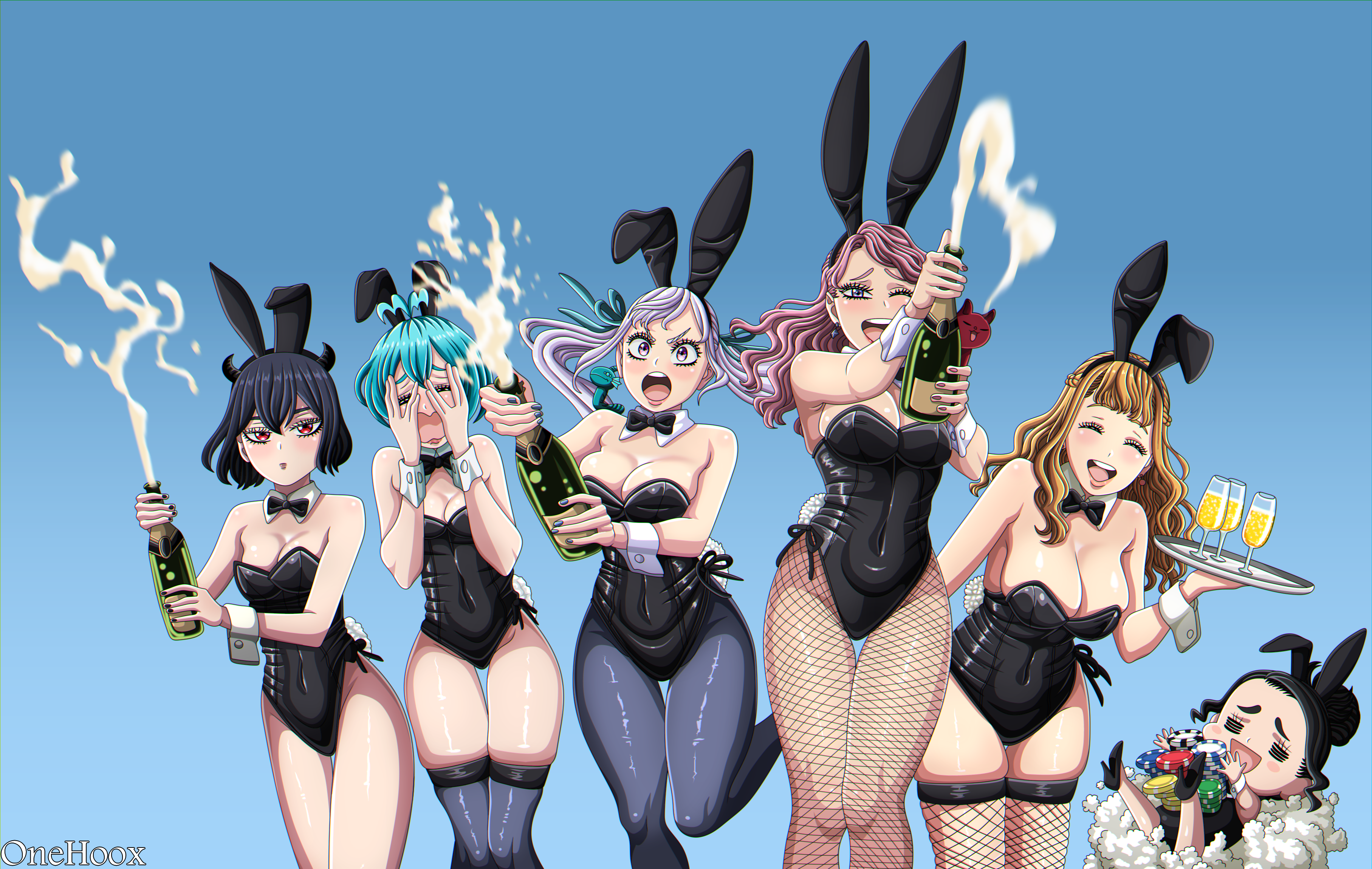 absurdres black_clover bottle breasts charmy_pappitson cleavage grey_(black_clover) high_heels highres leotard mimosa_vermillion multiple_girls nail_polish noelle_silva onehoox playboy_bunny poker_chip secre_swallowtail vanessa_enoteca