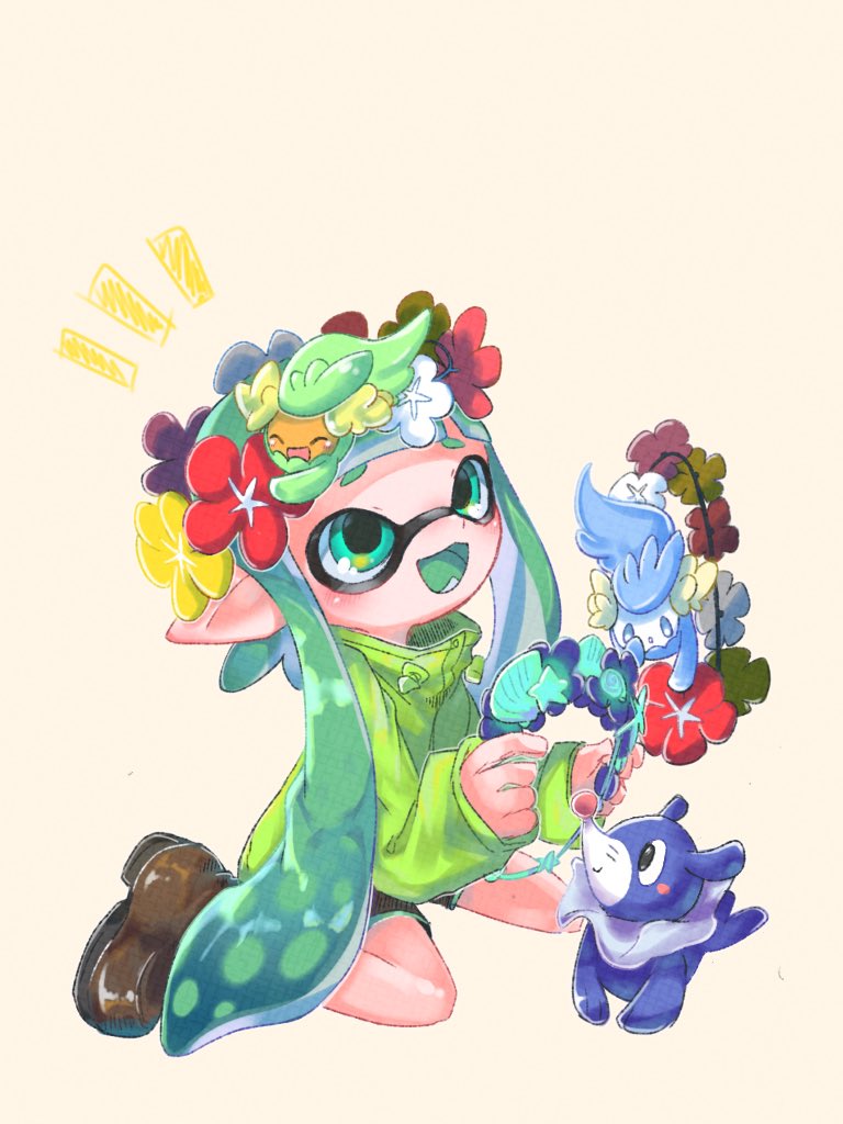 1girl :d alternate_color black_shorts blue_eyes blue_skin boots brown_boots closed_eyes colored_skin comfey commentary_request gen_7_pokemon green_eyes green_jacket green_trim head_wreath inkling inkling_girl inkling_player_character jacket kyu_ikag long_hair nintendo notice_lines open_mouth pointy_ears pokemon pokemon_(creature) popplio sea_lion shiny_pokemon short_shorts shorts simple_background sitting smile snout solo splatoon_(series) splatoon_3 tentacle_hair wariza white_background