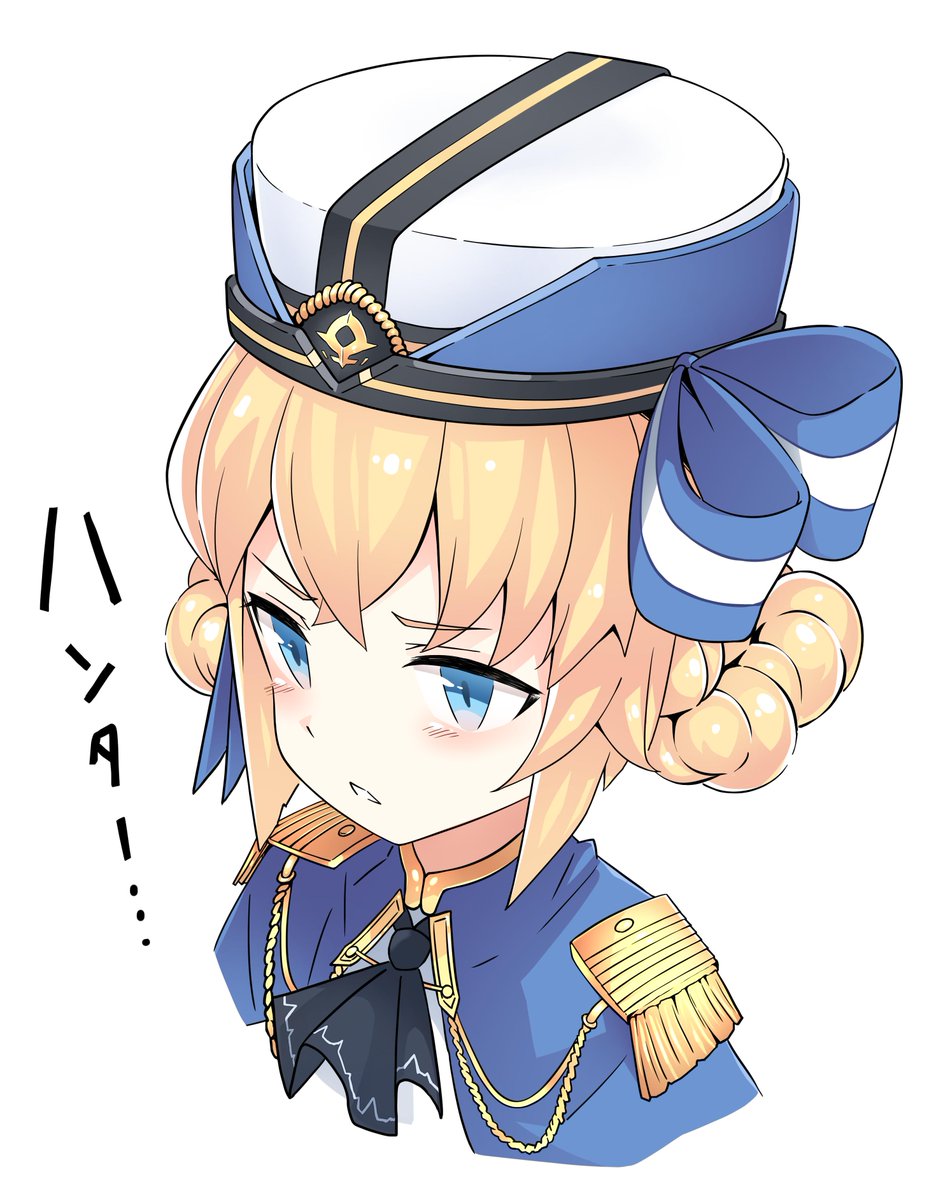 1girl aiguillette ascot azur_lane black_ascot blonde_hair blue_eyes blue_ribbon braid crossed_bangs epaulettes female_focus hair_ribbon hardy_(azur_lane) hat hat_ribbon highres kandori ribbon short_hair simple_background solo upper_body white_background white_hat