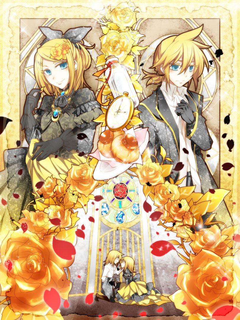 1boy 1girl aku_no_musume_(vocaloid) blonde_hair blue_eyes bow brother_and_sister dress evillious_nendaiki flower hair_bow hair_flower hair_ornament hair_ribbon hairclip haru_aki kagamine_len kagamine_rin pocket_watch regret_message_(vocaloid) ribbon riliane_lucifen_d&#039;autriche rose siblings smile twins vocaloid watch yellow_rose