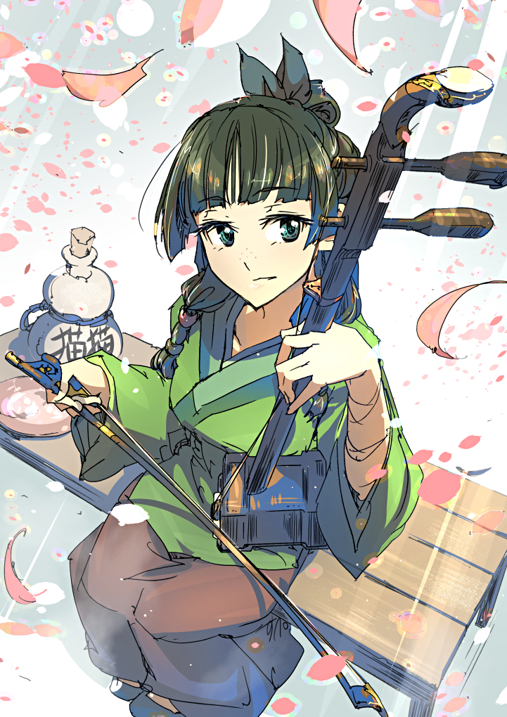 1girl blue_footwear bottle cup erhu falling_petals freckles green_eyes green_hair green_shirt instrument kusuriya_no_hitorigoto light_rays looking_at_object maomao_(kusuriya_no_hitorigoto) petals pink_petals sakazuki sake_bottle shirt sitting skirt solo supe_(yuusyasupepen) text_print twintails wooden_chair