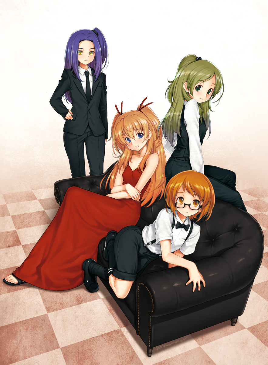 4girls alternate_costume black-framed_eyewear black_bow black_bowtie black_footwear black_jacket black_necktie black_pants black_shorts black_socks black_vest blazer blue_eyes bow bowtie brown_hair checkered_floor commentary couch crossdressing crossed_arms crossed_legs dress dress_shirt formal_clothes green_eyes hair_bobbles hair_ornament hair_ribbon hair_tie highres houjou_hibiki jacket kazuma_muramasa kneeling kurokawa_eren leaning_forward loafers long_dress long_hair looking_at_viewer looking_back minamino_kanade multiple_girls necktie on_couch one_side_up orange_eyes orange_hair pants precure purple_hair red_dress red_ribbon ribbon semi-rimless_eyewear shirabe_ako shirt shoes short_hair shorts sitting sleeveless sleeveless_dress socks standing suit suite_precure suspender_shorts suspenders textless_version two_side_up under-rim_eyewear vest white_shirt wing_collar yellow_eyes