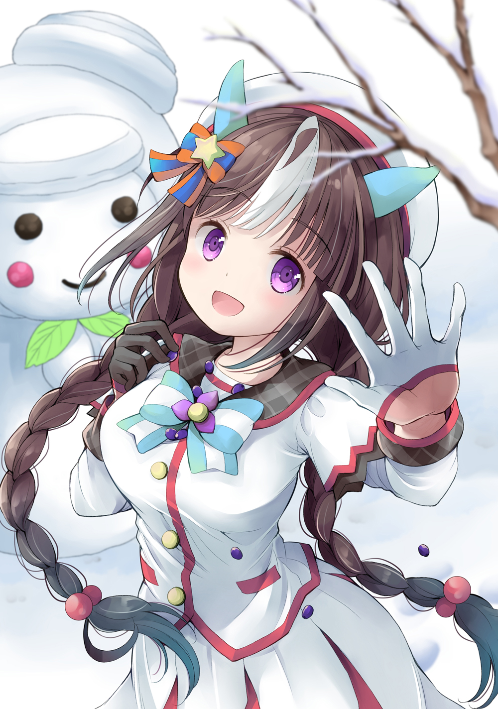 1girl animal_ears aqua_bow aqua_bowtie asymmetrical_gloves beret black_gloves blue_bow blunt_bangs bow bowtie braid brown_hair commentary_request cowboy_shot ear_covers from_above gloves half_gloves hat head_tilt highres hokko_tarumae_(umamusume) jacket long_hair long_sleeves looking_at_viewer low_twin_braids mismatched_gloves multicolored_hair open_mouth orange_bow outdoors purple_eyes sakaguchi_mikan skirt snow snowman solo star_ornament tomachop twin_braids two-tone_bow two-tone_bowtie two-tone_hair umamusume very_long_hair waving white_bow white_bowtie white_gloves white_hair white_hat white_jacket white_skirt